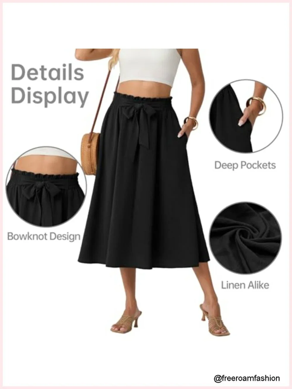High Waisted Flowy Midi Skirt with Pockets Lightweight Summer